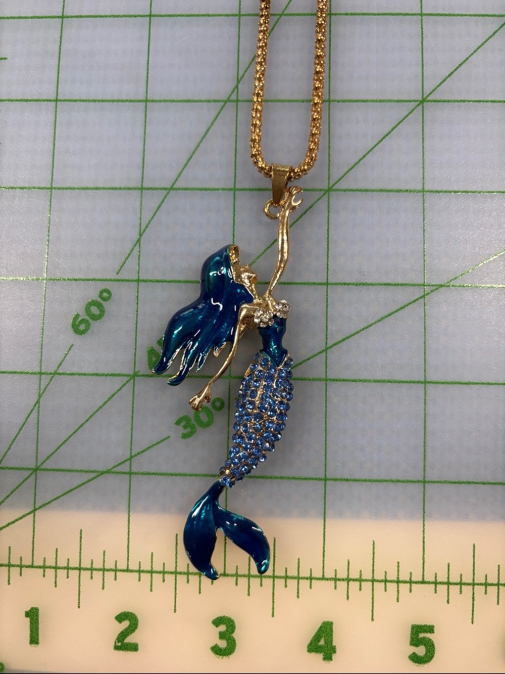 Gold-Tone Mermaid Pendant Necklace with Blue Enamel and Sparkling Accents
